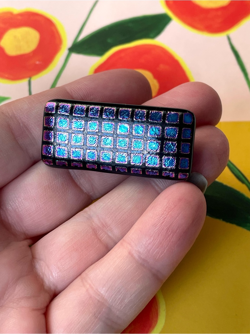 Vintage/style dichroic foiled glass rectangular brooch w/ optic squares